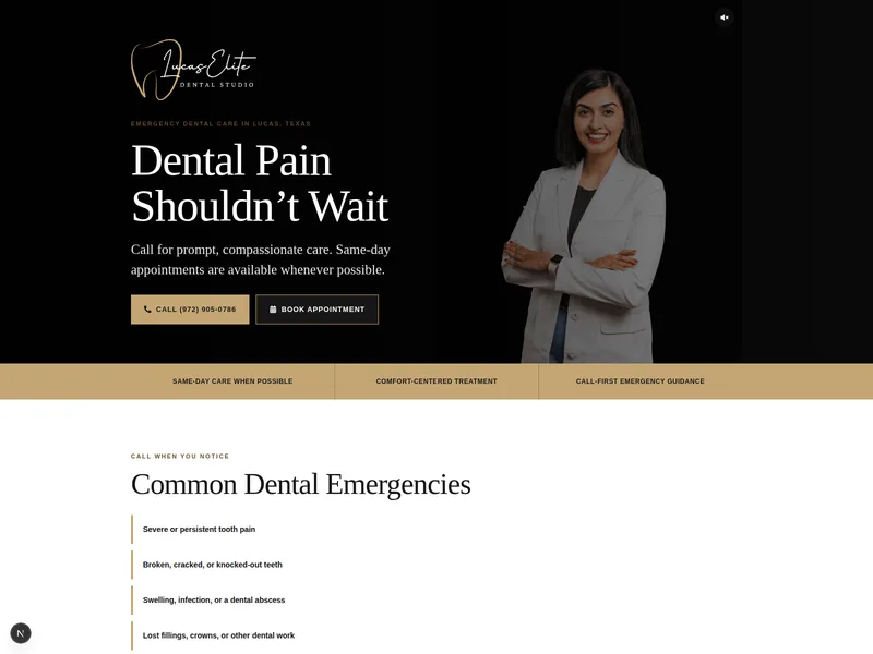 Dental emergencies page with call and booking buttons
